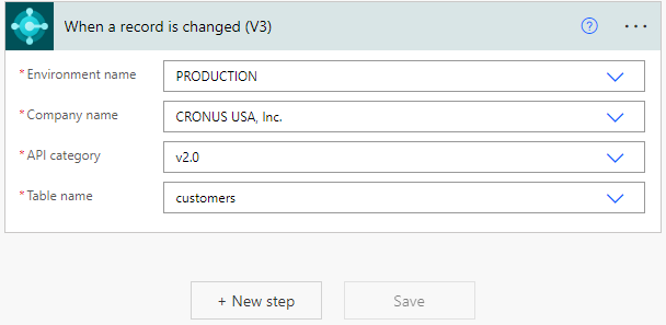 Shows the filled-in trigger called when a record is created (V3) in Power Automate.